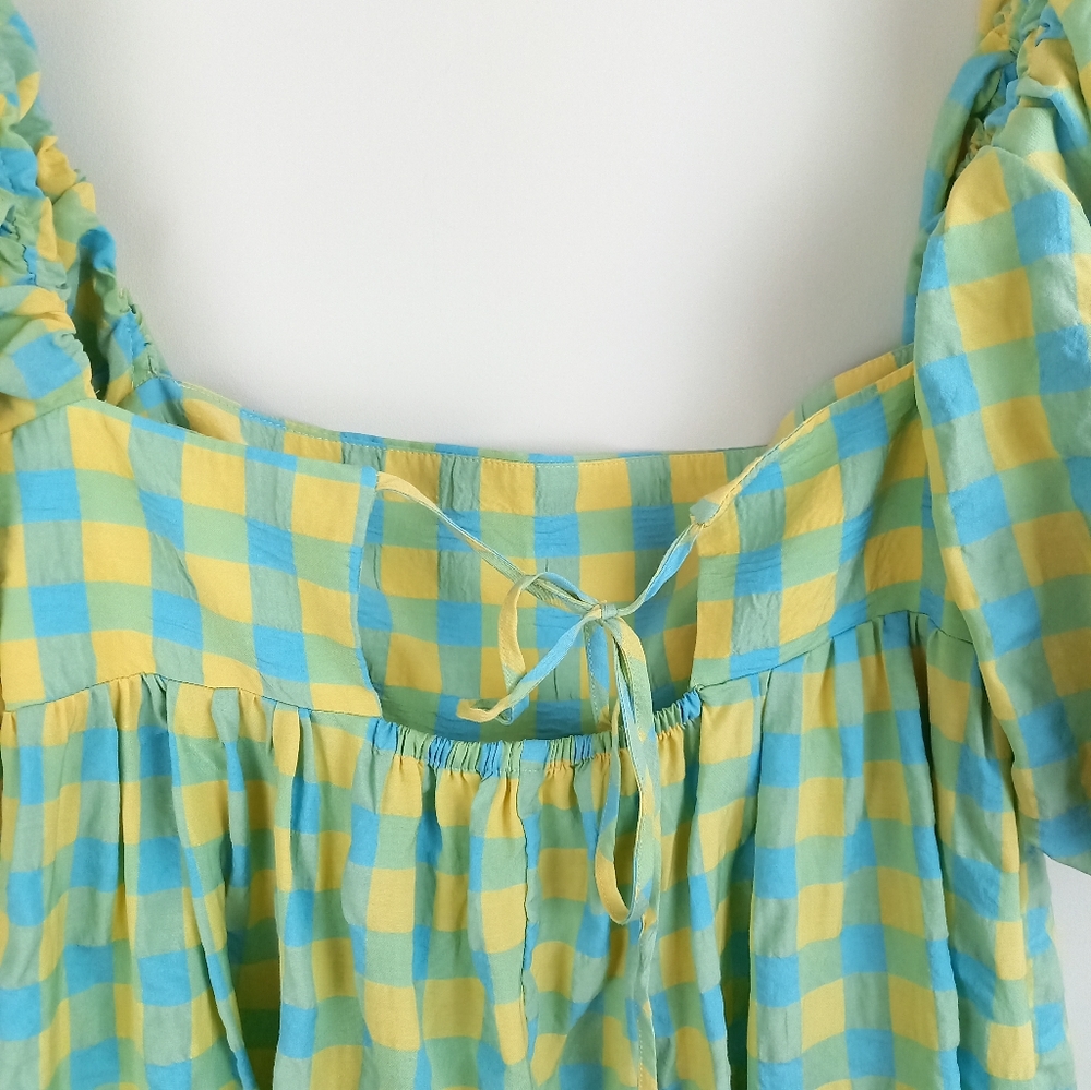 Zara Long Check Print Dress Panelled Puff Sleeve Green Yellow Blue - Medium - Picture 9 of 11